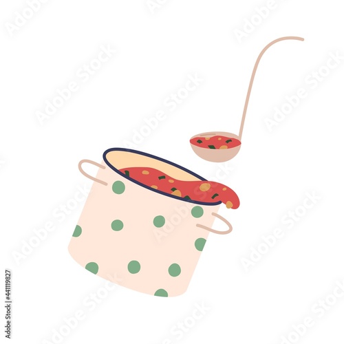 Traditional ukrainian beetroot soup, borscht, in pan. National Russian food from beet, red borsch, in saucepan, pouring with ladle. Flat vector illustration isolated on white background