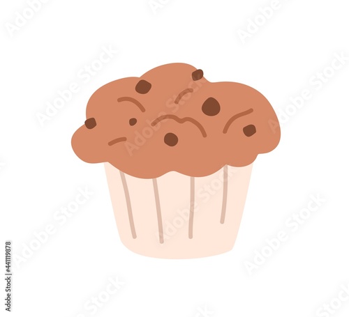 Muffin with chocolate flavor and choco chips. Cupcake with with lush top and ...