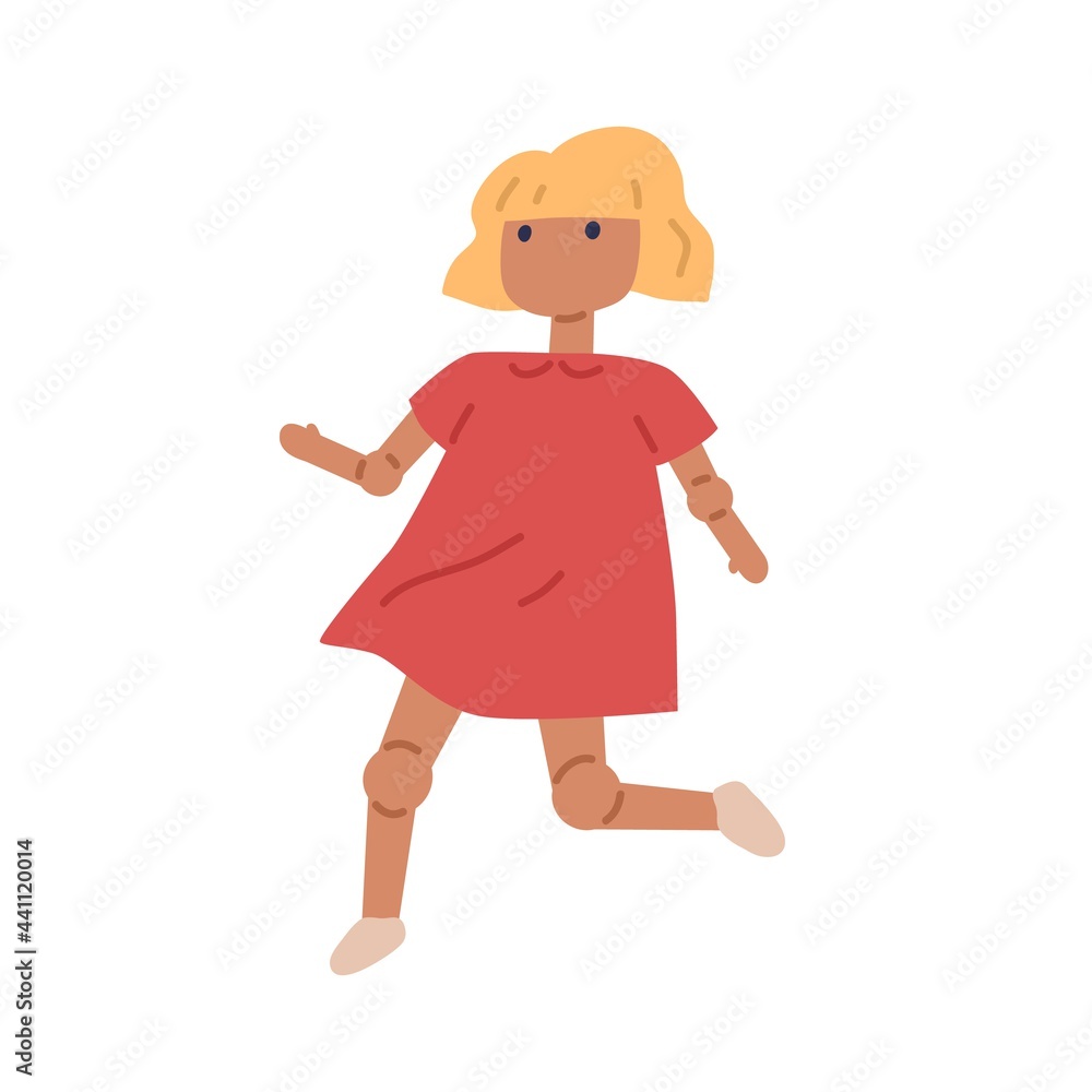 Ball-jointed doll with movable legs and arms. Girlish wood toy with moving bending elbows and knees. Girl puppet wearing dress. Flat vector illustration isolated on white background Ball-jointed doll with movable legs and arms. Girlish wood toy with moving bending elbows and knees. Girl puppet wearing dress. Flat vector illustration isolated on white background