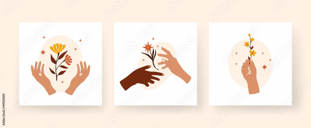 Abstract hands holding twigs with flowers. Boho composition of yellow terracotta petals in palms. Natural romantic gift. Beautiful wild buttercups with stars clutched in hand. Vector flat template