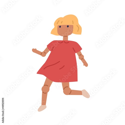 Ball-jointed doll with movable legs and arms. Girlish wood toy with moving bending elbows and knees. Girl puppet wearing dress. Flat vector illustration isolated on white background