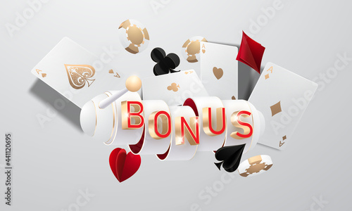 Online casino bonus, slot machine, casino chips flying realistic tokens for gambling, cash for roulette or poker,