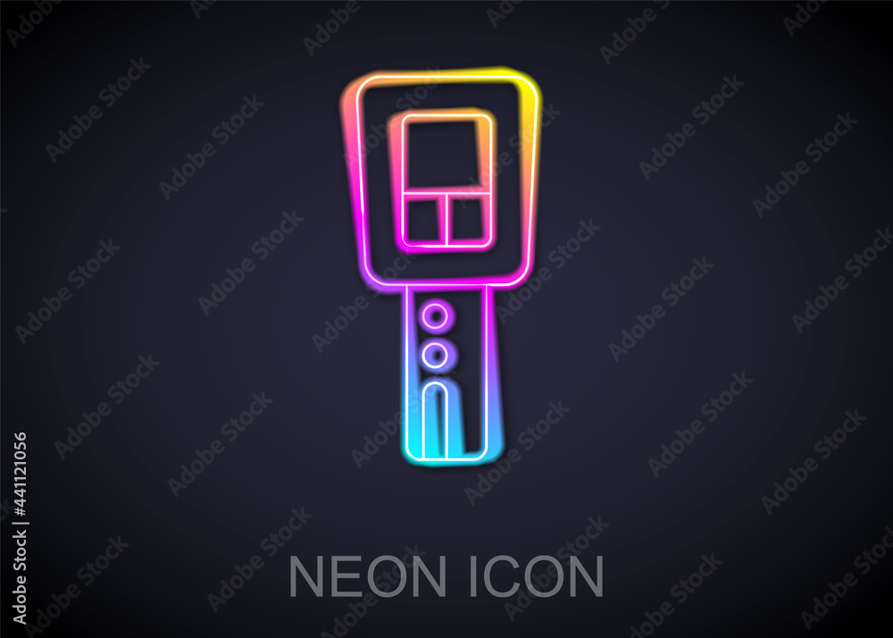 Glowing neon line Car key with remote icon isolated on black background. Car key and alarm system. Vector Glowing neon line Car key with remote icon isolated on black background. Car key and alarm system. Vector