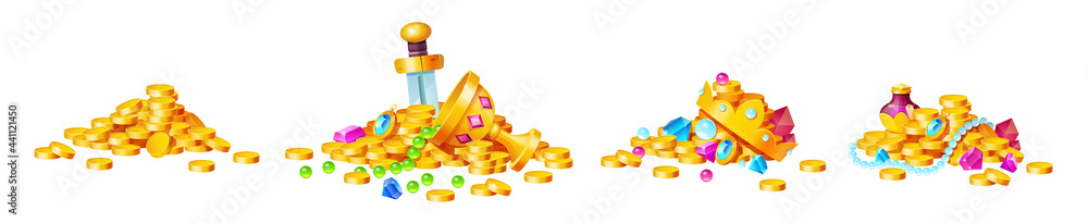 Treasure, golden coins, crystal gems, crown, sword in pile of gold, goblet with precious rocks, ancient fantasy magic game assets, pirate loot isolated on white background, Cartoon vector illustration