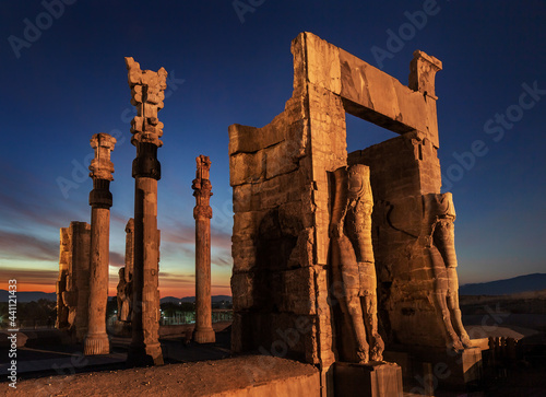 The Gate of All Nations, also known as the Gate of Xerxes, is located in the ruins of the ancient city of Persepolis, Iran.
