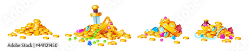 Treasure, golden coins, crystal gems, crown, sword in pile of gold, goblet with precious rocks, ancient fantasy magic game assets, pirate loot isolated on white background, Cartoon vector illustration