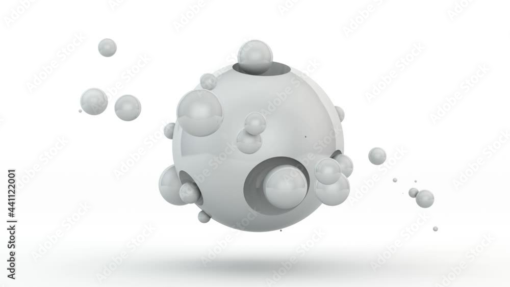 Loop 3d animation of a white sphere with small balls. Balls fly around ...