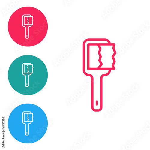 Red line Sauna brush icon isolated on white background. Wooden brush with coarse bristles for washing in the bath. Anti cellulite massage. Set icons in circle buttons. Vector