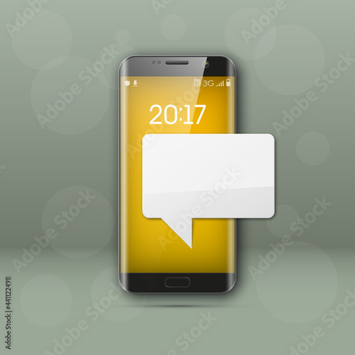 New model Mobile phone with platform for communication. Cell mobile short message. Smartphone blank colloquial cloud banner. Cellular empty advertising poster.
