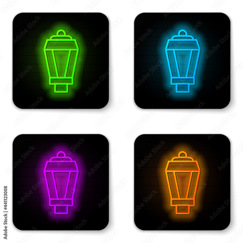 Glowing neon line Garden light lamp icon isolated on white background. Solar powered lamp. Lantern. Street lamp. Black square button. Vector Glowing neon line Garden light lamp icon isolated on white background. Solar powered lamp. Lantern. Street lamp. Black square button. Vector
