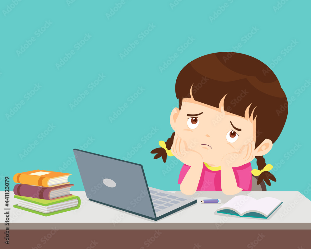 Bored student girl doing homework online with laptop Bored student girl doing homework online with laptop