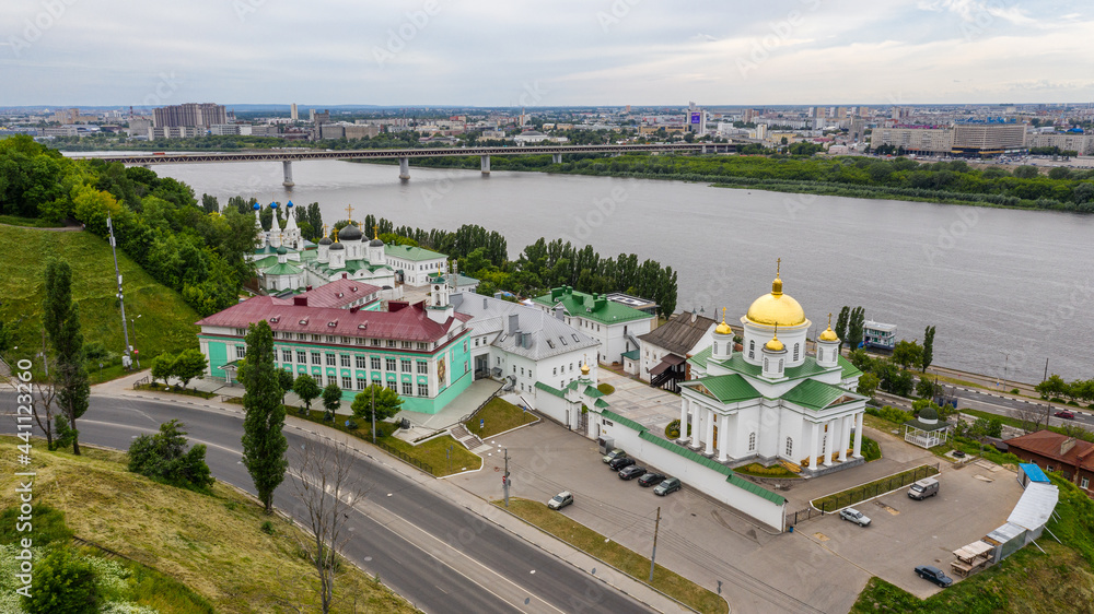 Nizhny Novgorod. View of the Gate Church of St. Andrew the First-Called and the Annunciation Monastery. Aerial view.