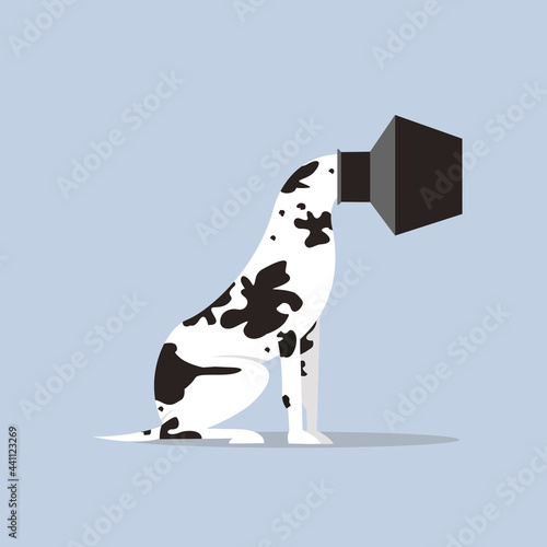Conceptual illustration of a dog with its head trapped inside a pot