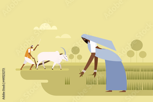 Illustration of a woman planting seedlings and a man plowing the field with bullocks