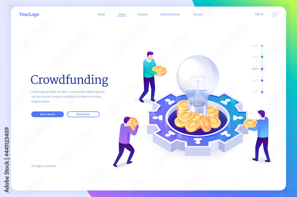 Crowdfunding isometric landing page. People donate money for idea support put coins in huge glowing light bulbs. Social help, philanthropy, donation and charity platform concept, 3d vector web banner Crowdfunding isometric landing page. People donate money for idea support put coins in huge glowing light bulbs. Social help, philanthropy, donation and charity platform concept, 3d vector web banner