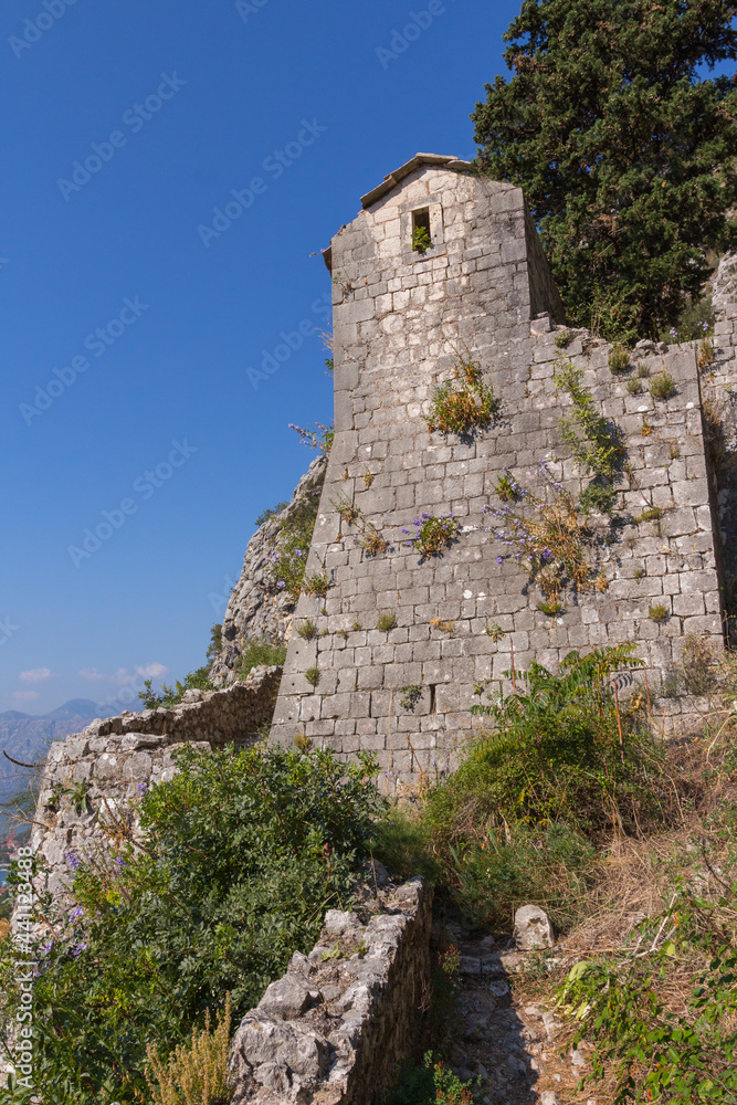 View of the ancient walls of the Castle Of San Giovanni , near the town of Kotor. Montenegro 