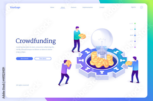 Crowdfunding isometric landing page. People donate money for idea support put coins in huge glowing light bulbs. Social help, philanthropy, donation and charity platform concept, 3d vector web banner