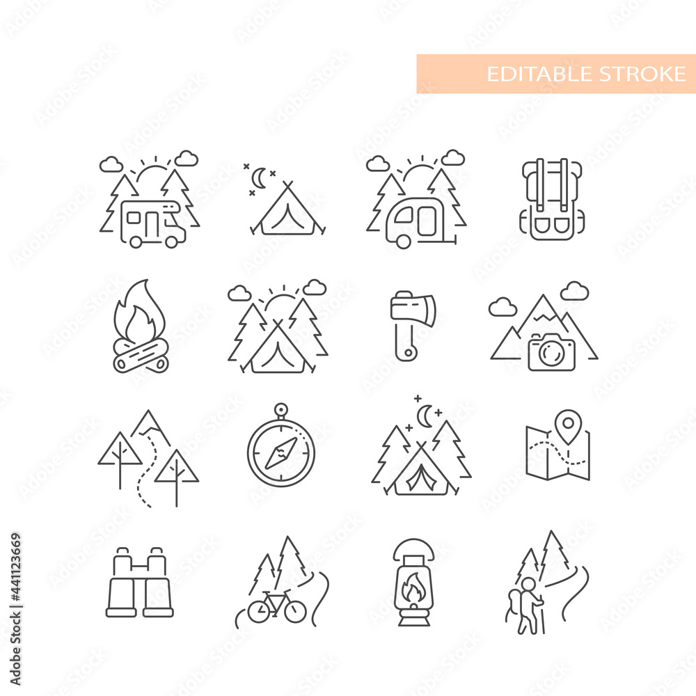 Outdoors, nature activities line icon set. Cute camping and hiking icons, editable stroke. - obrazy, fototapety, plakaty 