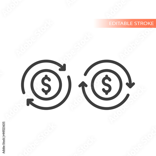 Money dollar coin reload with arrows. Thin line vector icon, editable stroke.