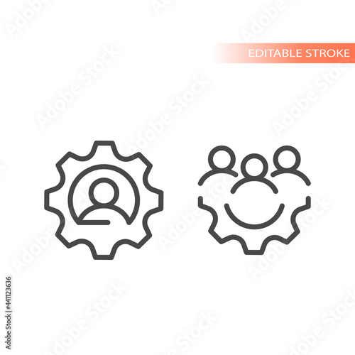 Gear or cogwheel with group of people icon. Team, human resources or management line vector, editable stroke.