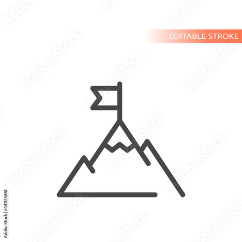 Mountain top or peak with flag line vector icon. Business achievement goal outline, editable stroke.