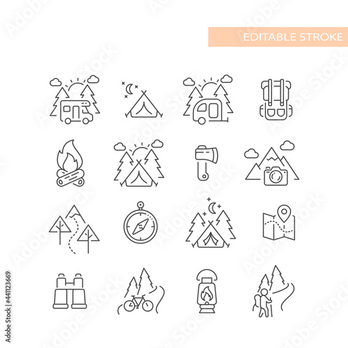 Outdoors, nature activities line icon set. Cute camping and hiking icons, editable stroke.