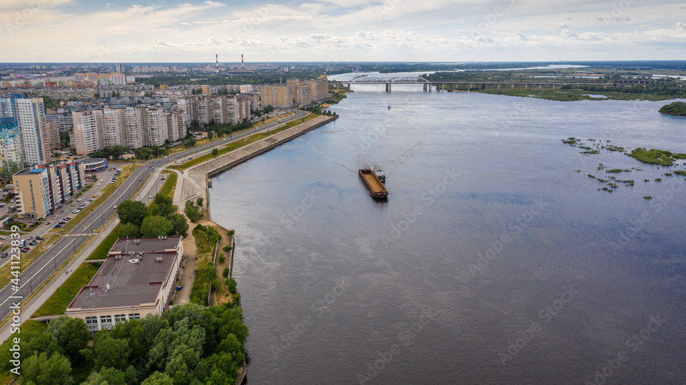 Nizhny Novgorod. New buildings on the bank of the Volga River. Aerial view.