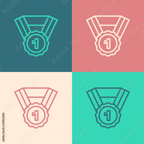 Pop art line Dog award symbol icon isolated on color background. Medal with dog footprint as pets exhibition winner concept. Vector