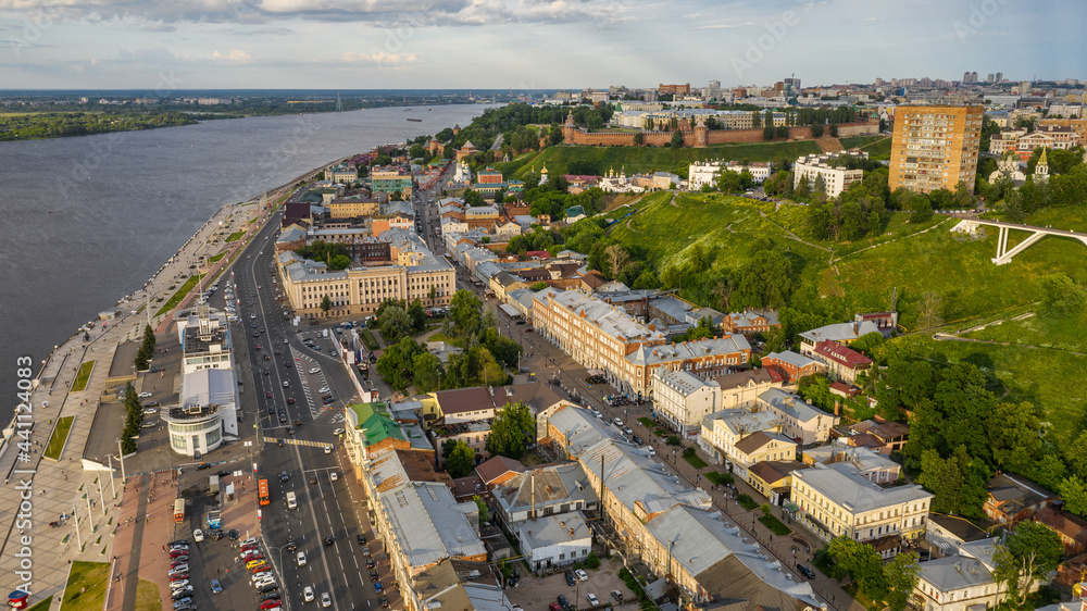 Nizhny Novgorod. Embankment near the river station. Aerial view.