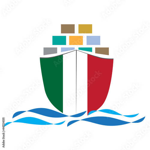 Concept design cargo ship with Italy flag. Commercial vessel containers freight import and export maritime logistic. Vector illustration design