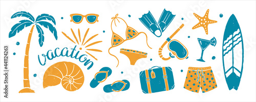 Set of textured summer holidays prints. Palm tree, sunglasses, swimsuit, swimming trunks, diving fins and mask, flip flops, shell, starfish, suitcase, cocktail, surfboard, lettering "Vacation"