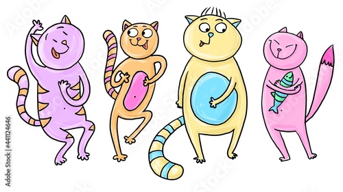 Happy international cats day. Celebration. Multicolour hand drawn cartoon illustration of a group of dancing cats. Isolated on a white background. 