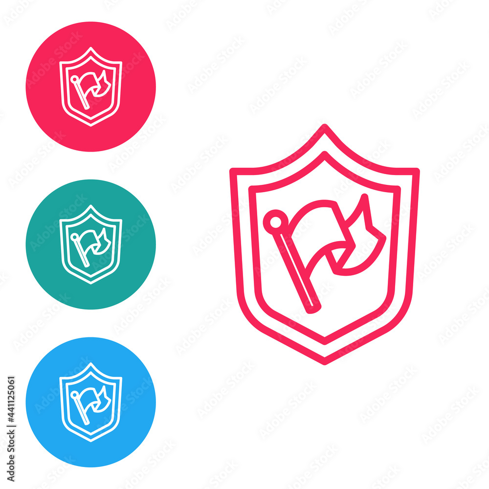Red line Shield with flag icon isolated on white background. Victory, winning and conquer adversity concept. Set icons in circle buttons. Vector Red line Shield with flag icon isolated on white background. Victory, winning and conquer adversity concept. Set icons in circle buttons. Vector
