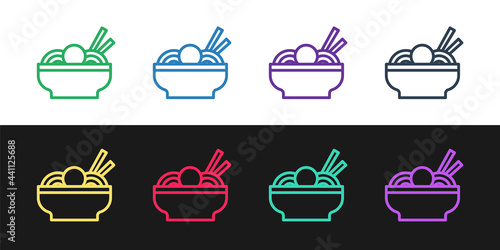 Set line Asian noodles in bowl and chopsticks icon isolated on black and white background. Street fast food. Korean, Japanese, Chinese food. Vector