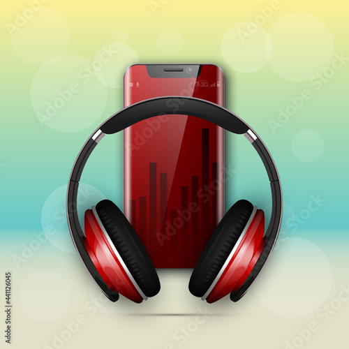 Image headphones on smartphone latest model background. Device for listening music on phone latest model background. Color stereo headphone for listening audio from phone. Banner earphones music party