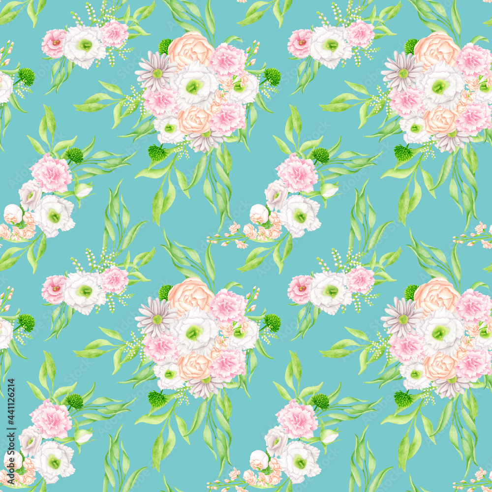 Watercolor floral seamless pattern. Elegant blush and white flower on turquoise blue background. Repeated botanical print for fabrics, textile, wallpaper, wrapping, scrapbook paper, cards.
