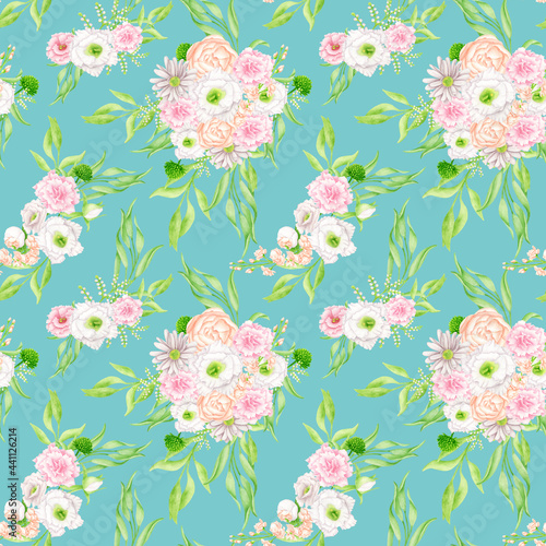Watercolor floral seamless pattern. Elegant blush and white flower on turquoise blue background. Repeated botanical print for fabrics, textile, wallpaper, wrapping, scrapbook paper, cards.