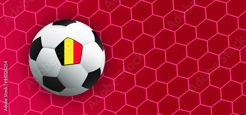 Ball in goal with the flag of Belgium. Soccer ball or football net. Vector, red background banner.  supporters. Goal net. Sport finale wk, ek game. 2020, 2021, 2022