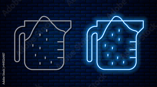 Glowing neon line Measuring cup to measure dry and liquid food icon isolated on brick wall background. Plastic graduated beaker with handle. Vector