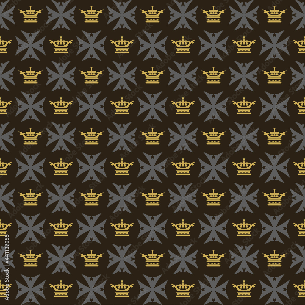 Royal background pattern with decorative ornaments on black background, wallpaper. Seamless pattern, texture