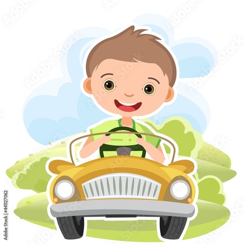 Childrens trip in a small car. Kid drives a pedal or electric toy automobile. Hills. Cartoon illustration. Isolated. Summer rural landscape. Vector