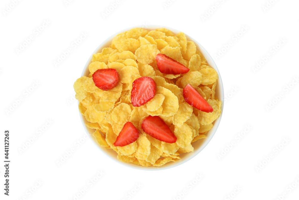 Plate of corn flakes and strawberry isolated on white background Plate of corn flakes and strawberry isolated on white background