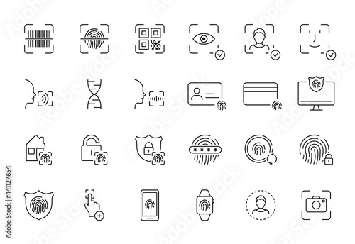 Recognition of Identity Line Icon. Set of Biometric Verification with Barcode, Qr Code, Fingerprint, Face Id, Voice Recognition, Password. Security System. Editable Stroke. Vector Illustration