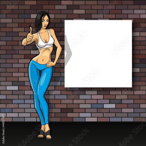 Slim girl on the background of an empty banner. Sexy woman in front of school board. Elegant lady on the background of pure advertising poster