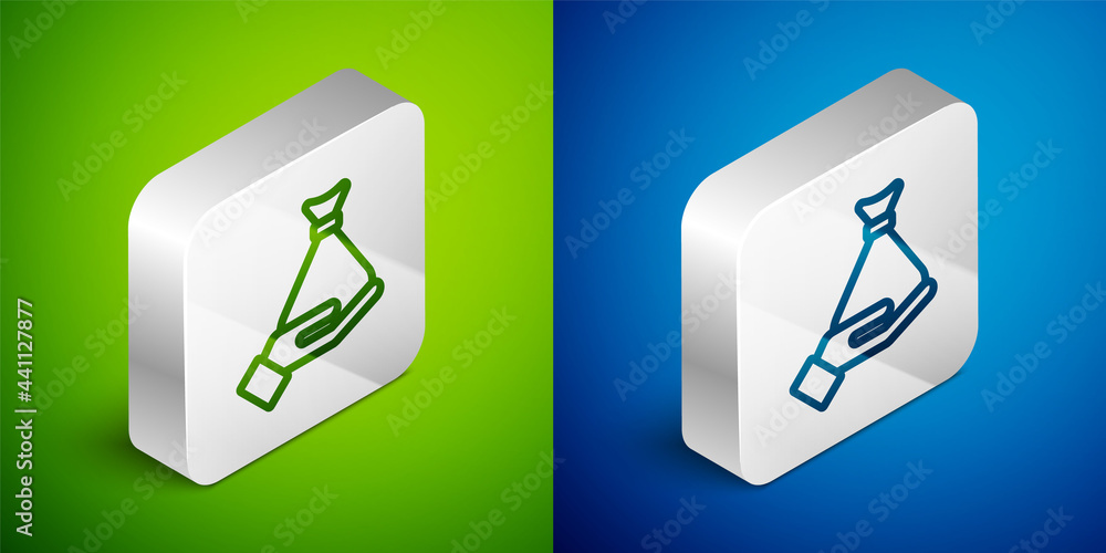 Isometric line Money in hand icon isolated on green and blue background. Insurance concept. Security, safety, protection, protect concept. Silver square button. Vector Isometric line Money in hand icon isolated on green and blue background. Insurance concept. Security, safety, protection, protect concept. Silver square button. Vector