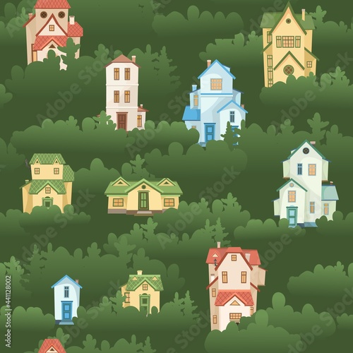 Town among the trees. Seamless illustration with cartoon village or city houses. Day. Nice cozy private residence in traditional style. Background. Nice funny home. Vector