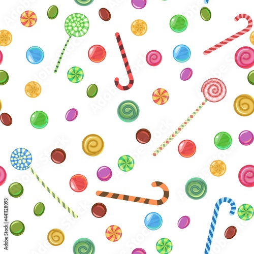 Sweets and scattered. Seamless pattern. Assorted lollipop dessert interspersed. Candy caramel with stick. Flat Background illustration. Isolated Vector