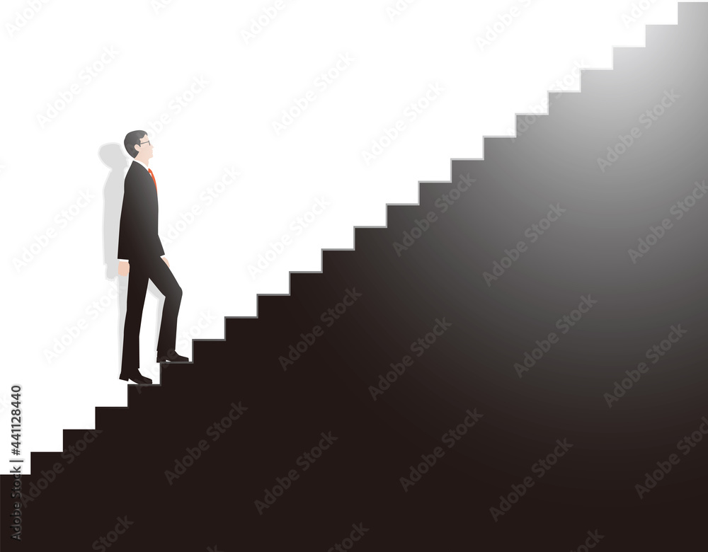階段を一歩一歩確実に上がるビジネスマン。ベクター素材