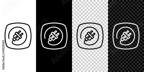 Set line Electric plug icon isolated on black and white, transparent background. Concept of connection and disconnection of the electricity. Vector