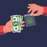 Marijuana sale. Cannabis leaf in dealer package. Drug Trade. Drug deal. Money in hand. Abuse and addiction. Vector illustration flat design. Isolated on background. Hemp medical.